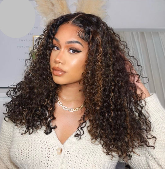 Brown/Black Highlights 24”gloglo Curly Gluless 13x6 Lace Long Curly Wig Beginner Friendly |