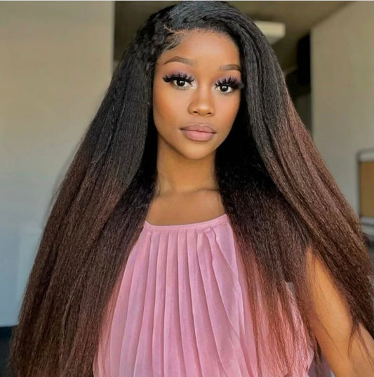 4C Edges | 26”Kinky Edges Black to Brown Ombre Kinky Straight Lace frontal Glueless Wig