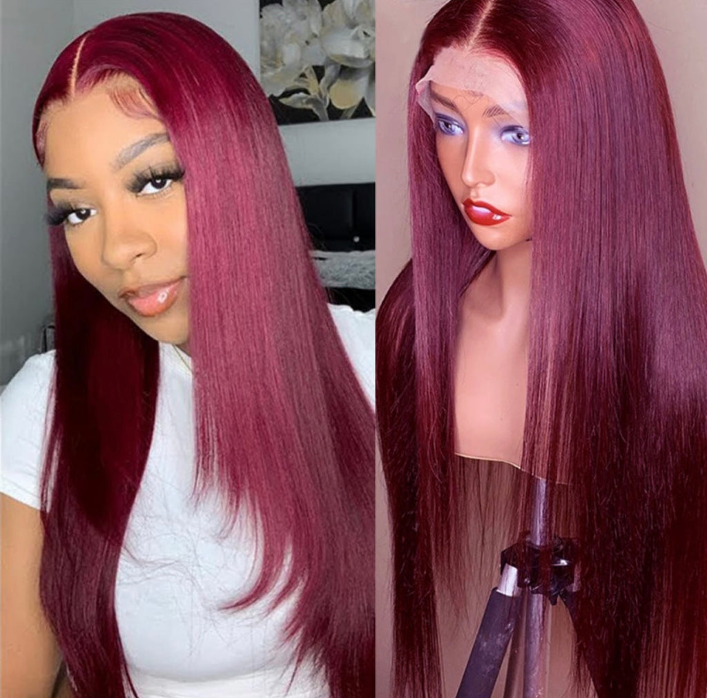 Glory  99J Burgundy Straight Layer Glueless 13x6 Lace frontal Wig 100% Human Hair